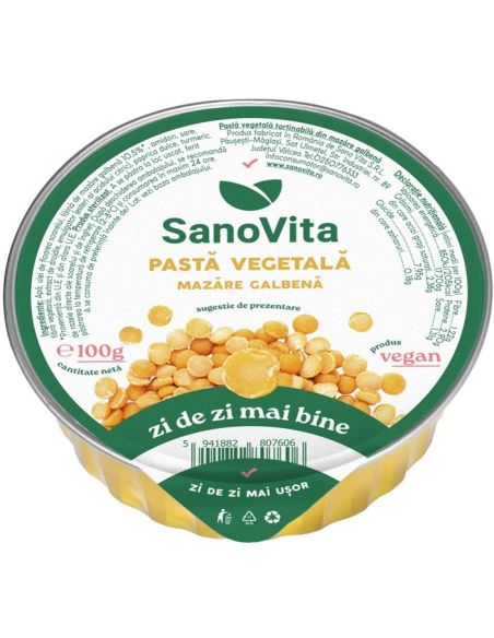 Pasta vegetală tartinabilă SanoVita: pastă vegetală din mazăre galbenă