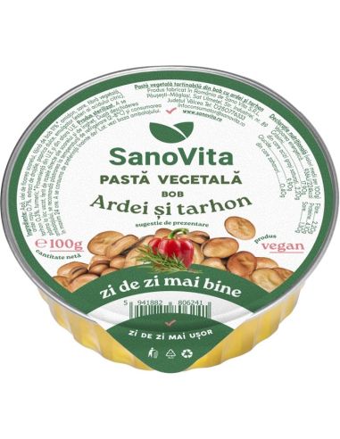 Pasta vegetală tartinabilă SanoVita: pastă vegetală din bob cu ardei și tarhon