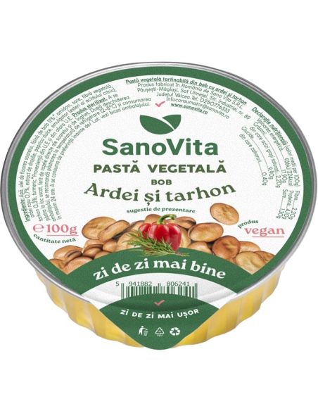 Pasta vegetală tartinabilă SanoVita: pastă vegetală din bob cu ardei și tarhon