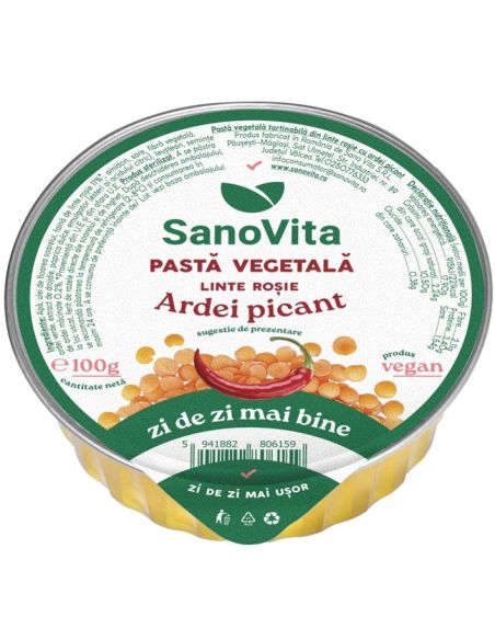 Pastă vegetală din linte roșie cu ardei picant 100g la pret avantajos - SanoVita