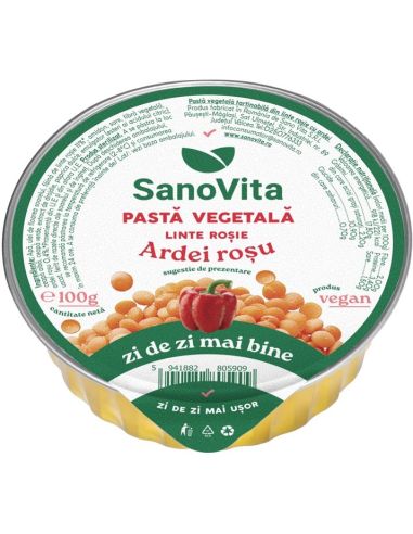 Pastă vegetală din linte roșie cu ardei 100G la pret avantajos - SanoVita