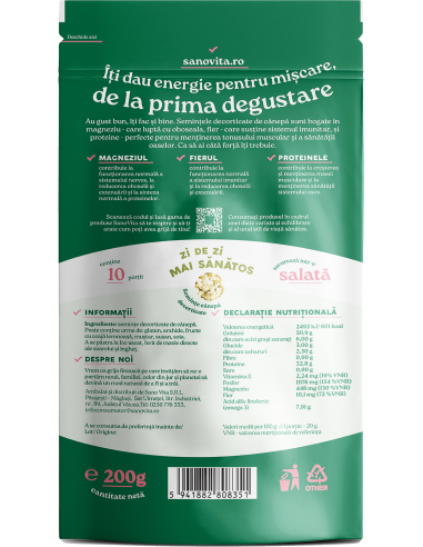 Semințe de cânepă decorticate 200g  în ambalaj resigilabil - SanoVita