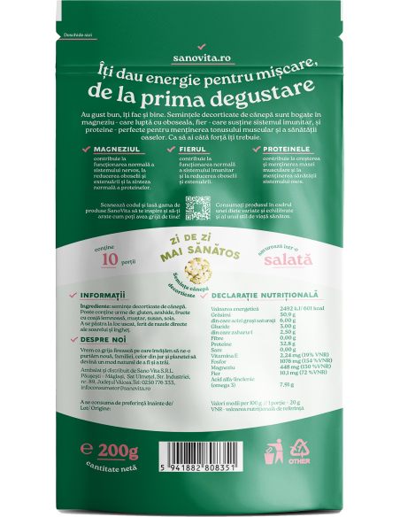 Semințe de cânepă decorticate 200g  în ambalaj resigilabil - SanoVita